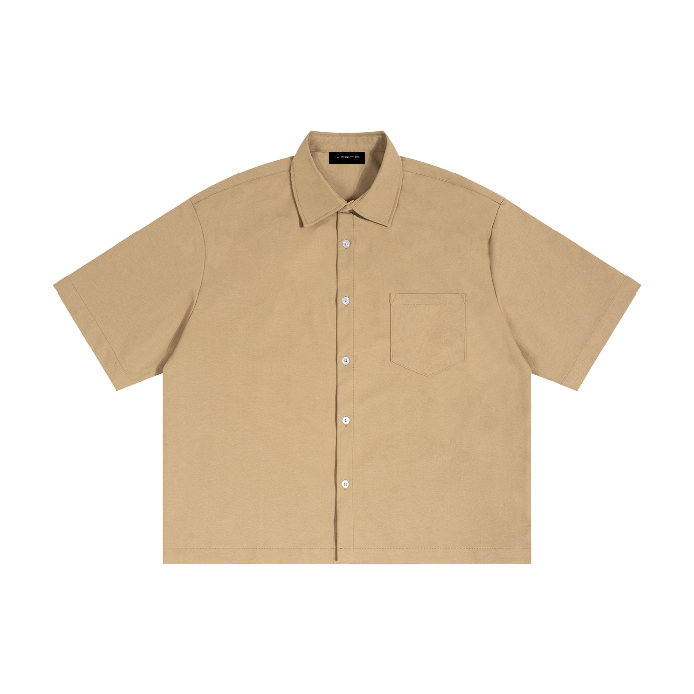 Beige short-sleeve shirt with a pocket on a white background