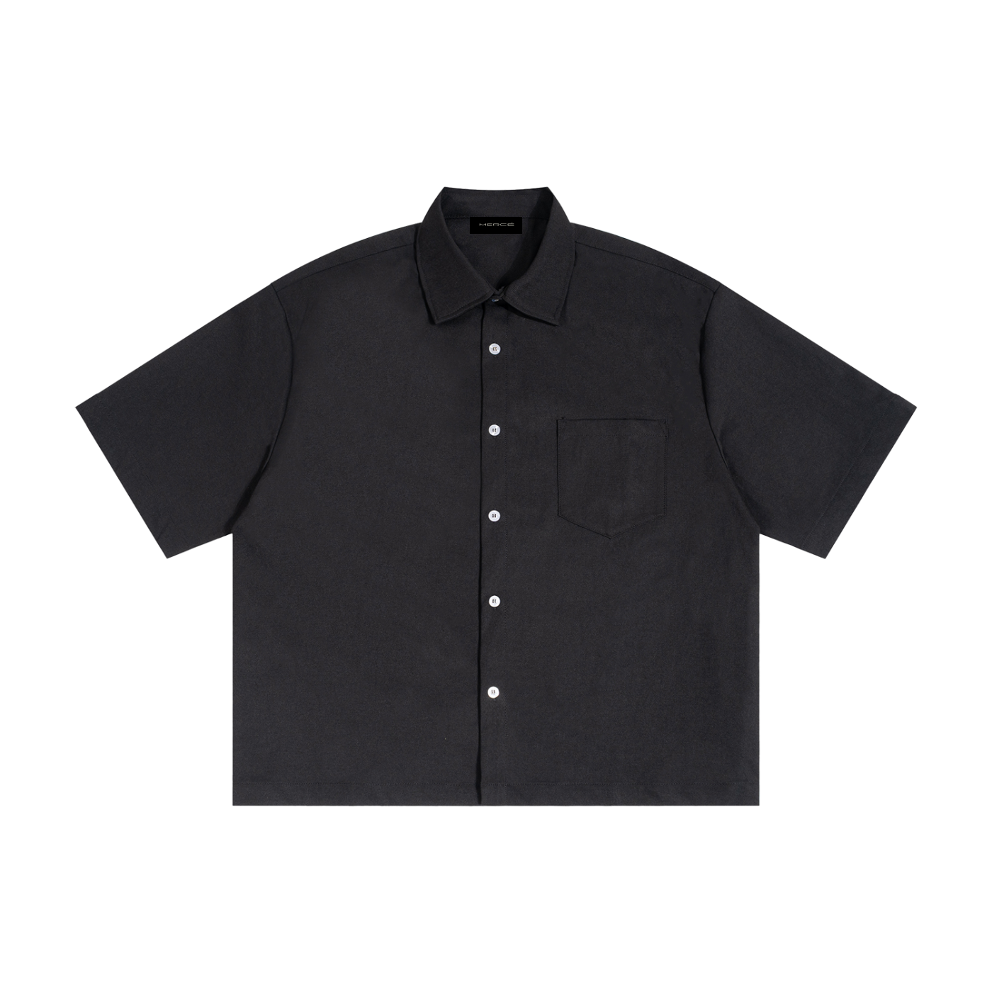 Black short-sleeve shirt with buttons on a white background