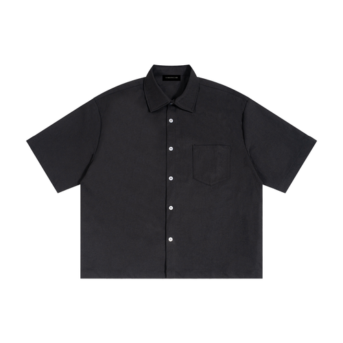Black short-sleeve shirt with buttons on a white background
