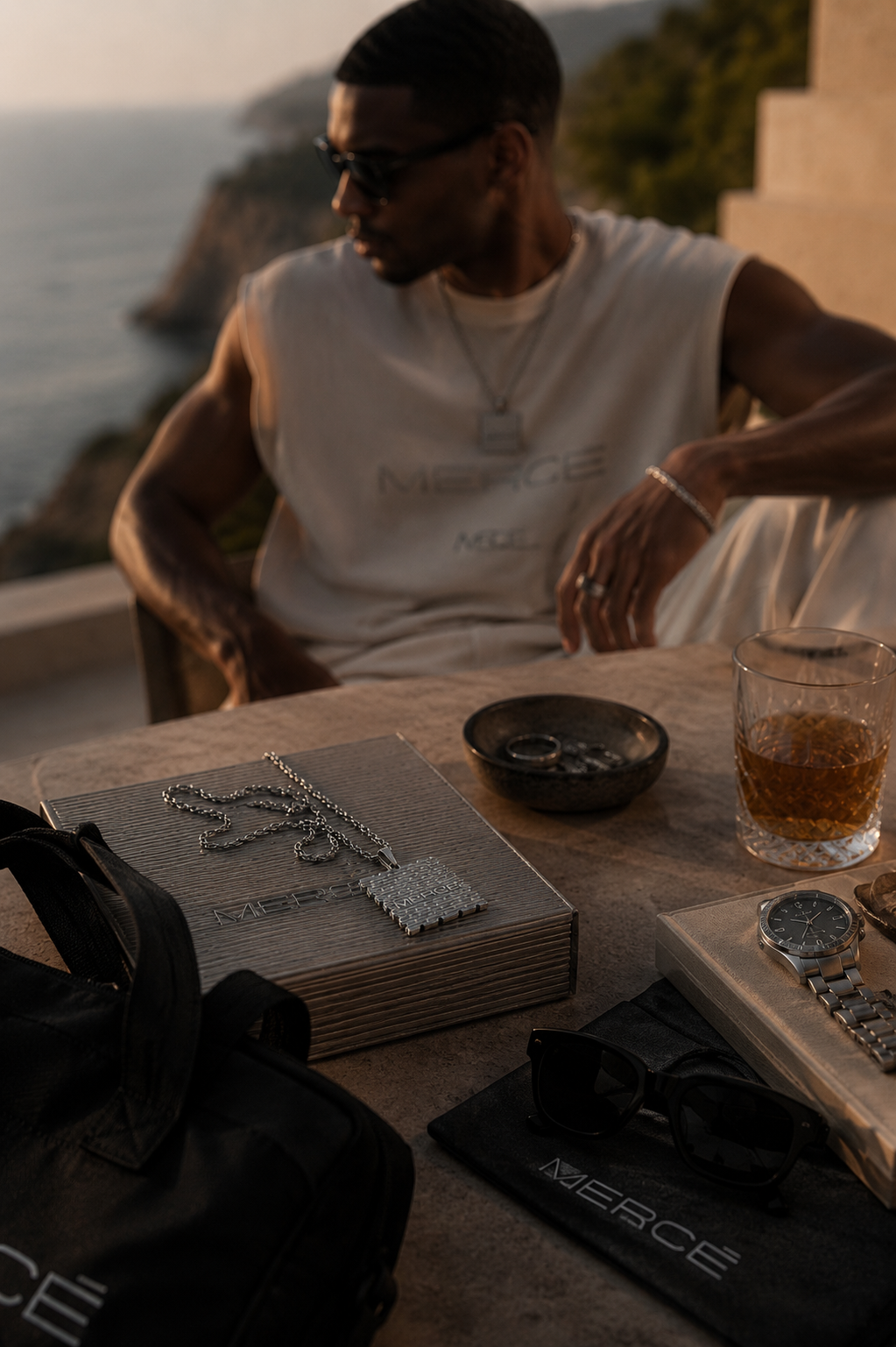 MERCÉ accessories editorial — Fragment Pendant luxury menswear still life