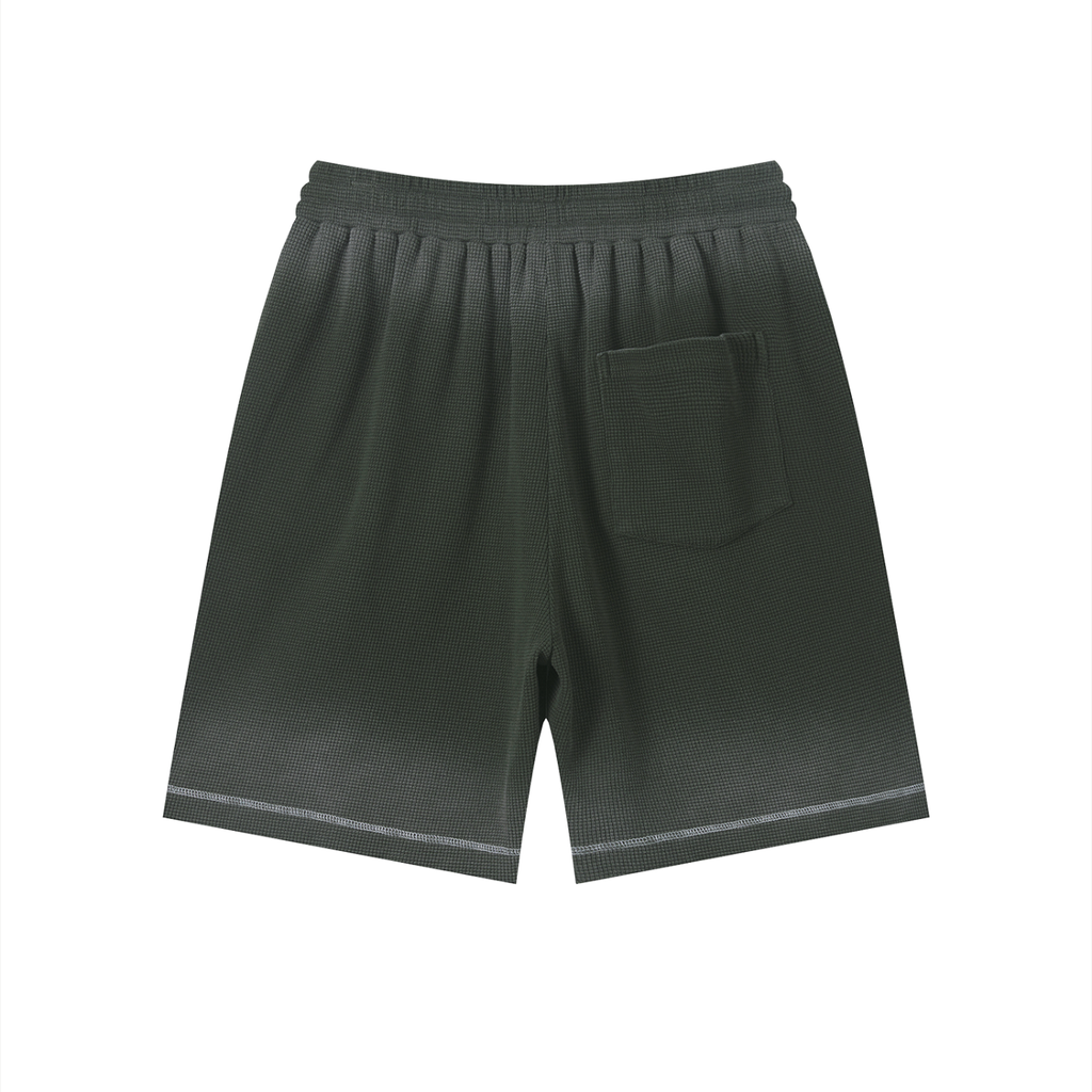 MERCÉ gray green Sunfade Raw Hem Shorts back view — sunfade waffle shorts relaxed silhouette