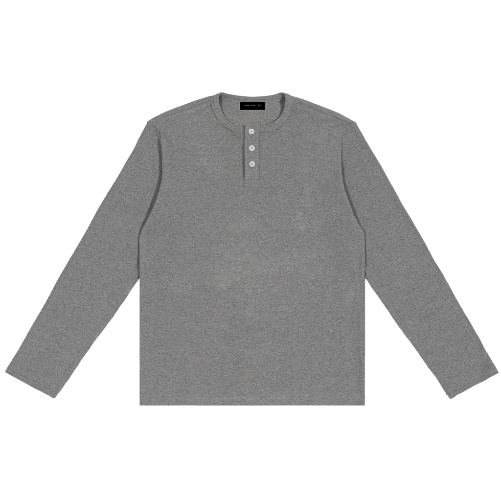 Gray long-sleeve henley shirt on a white background
