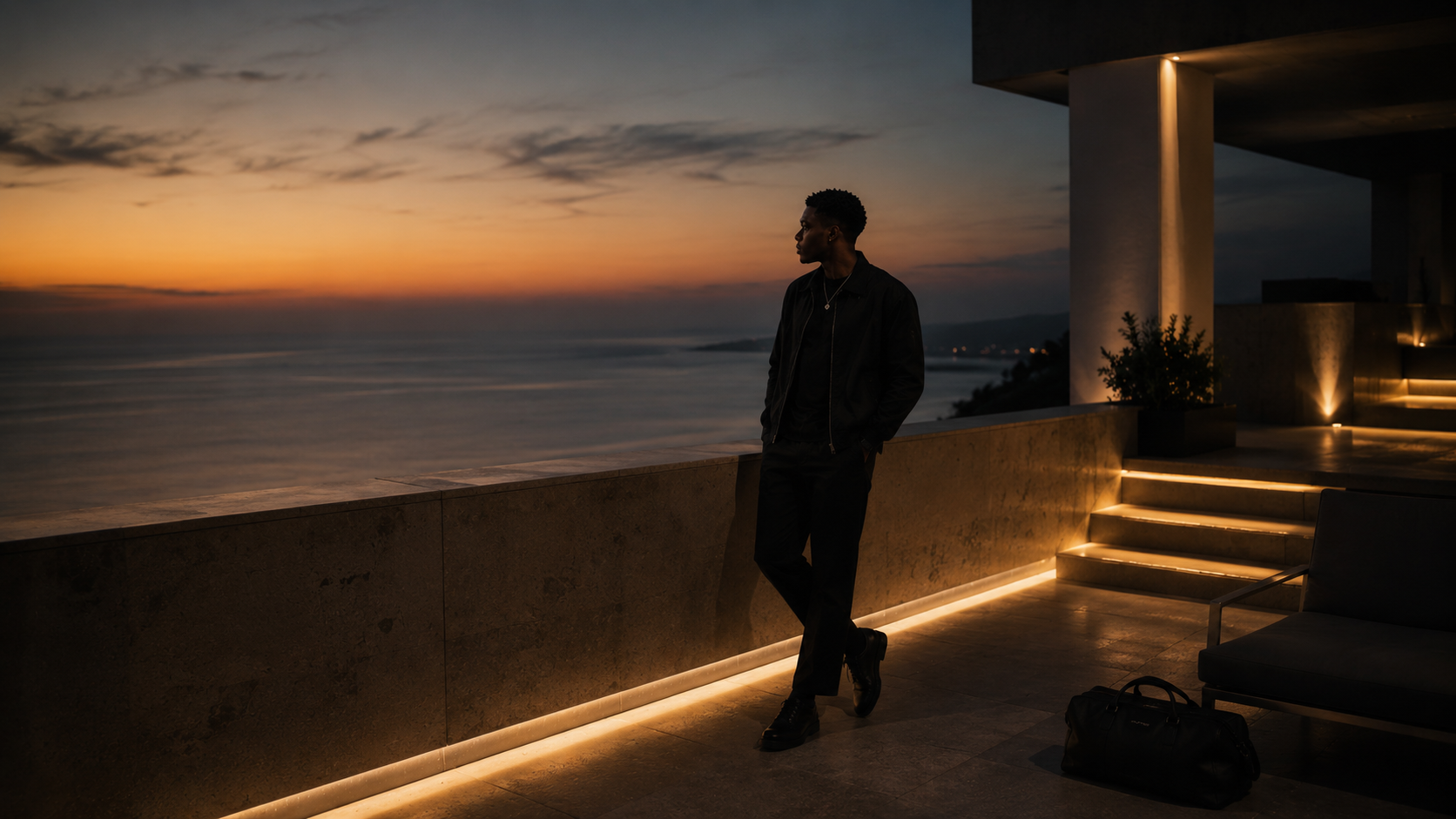 MERCÉ lifestyle editorial — elevated menswear quiet luxury cinematic scene