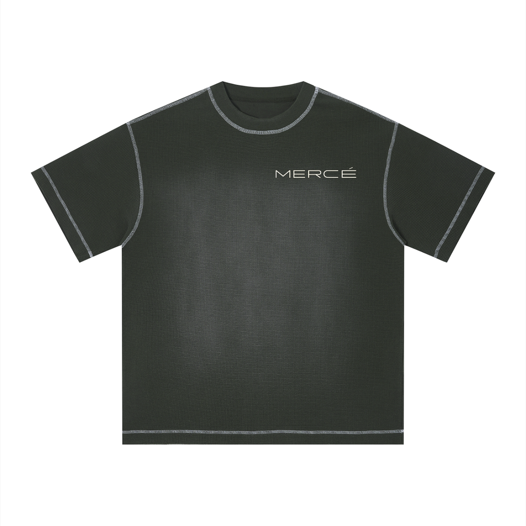 MERCÉ grey green Sunfade Waffle Tee front view — sun-faded waffle knit boxy t-shirt luxury menswear