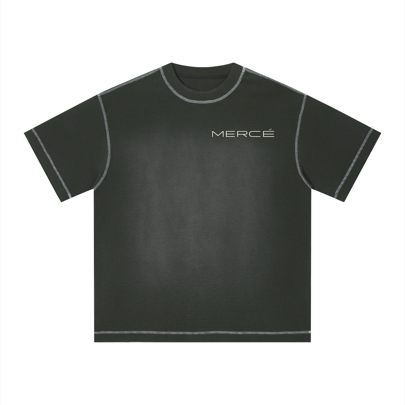 MERCÉ grey green Sunfade Waffle Tee front view — sun-faded waffle knit boxy t-shirt luxury menswear