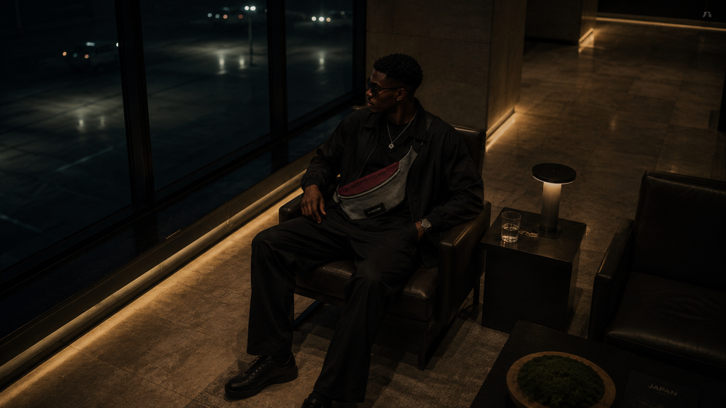 MERCÉ Rouge Sling Pack on model — quiet luxury men's bag cinematic editorial
