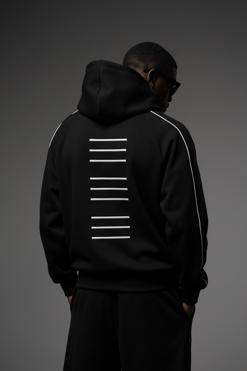 MERCÉ hoodie styled with cinematic architectural lighting