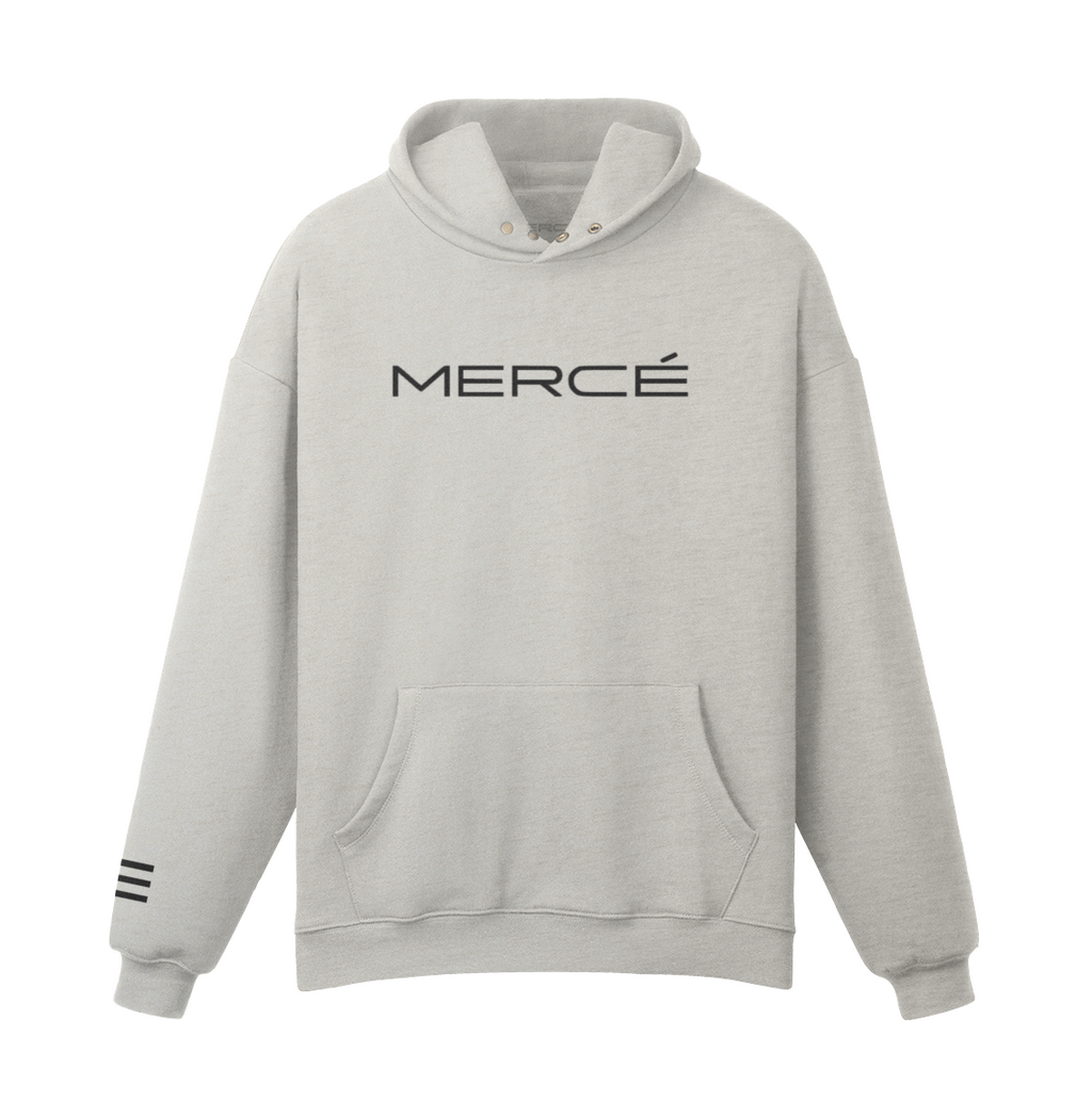  MERCÉ Snap Brush Hoodie in heather gray with bronze snap collar and heavyweight brushed cotton