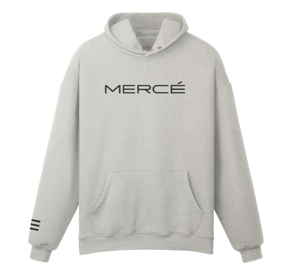 MERCÉ Snap Brush Hoodie in heather gray with bronze snap collar and heavyweight brushed cotton